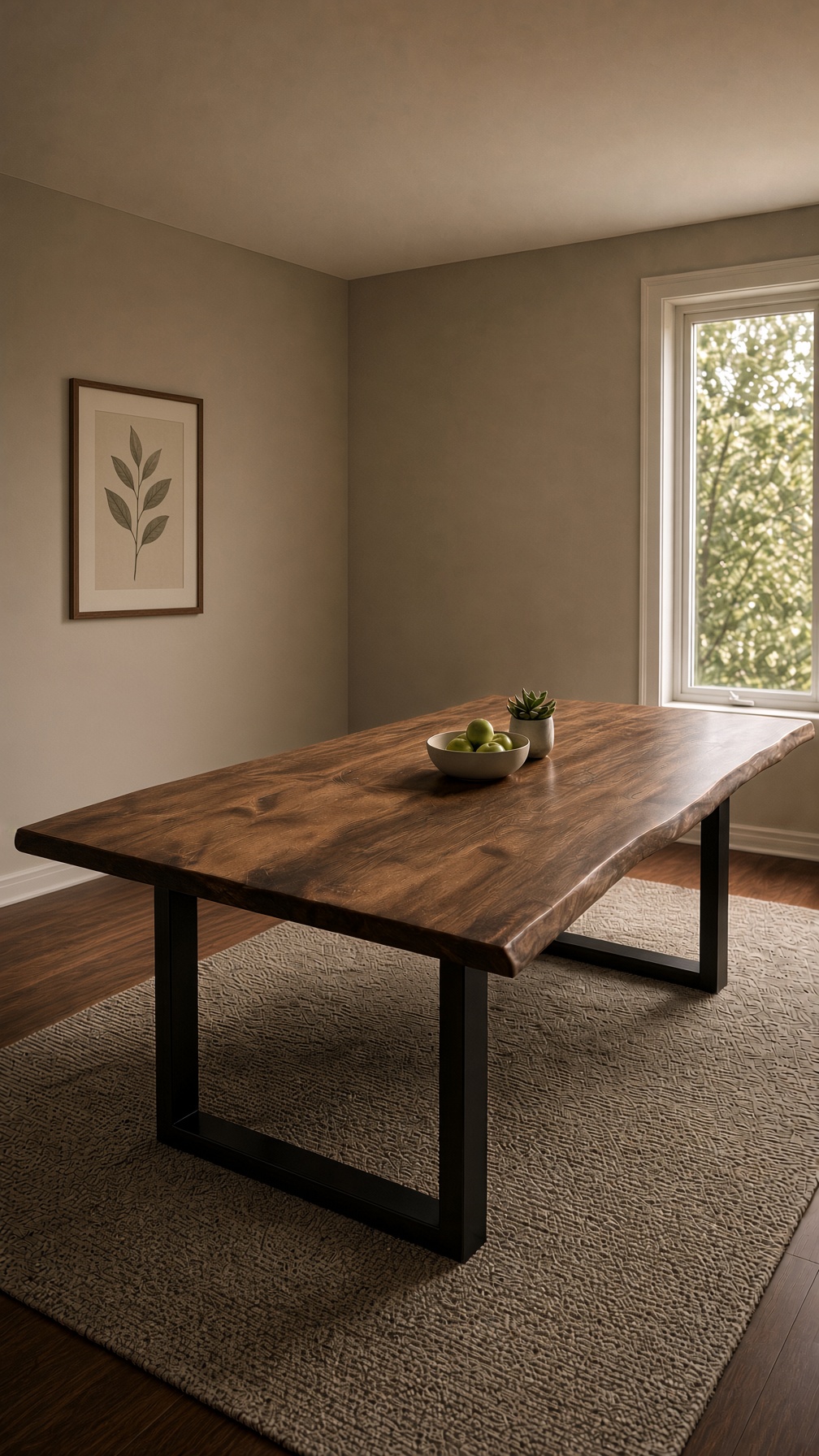 A handmade solid-wood dining table in a family dining room