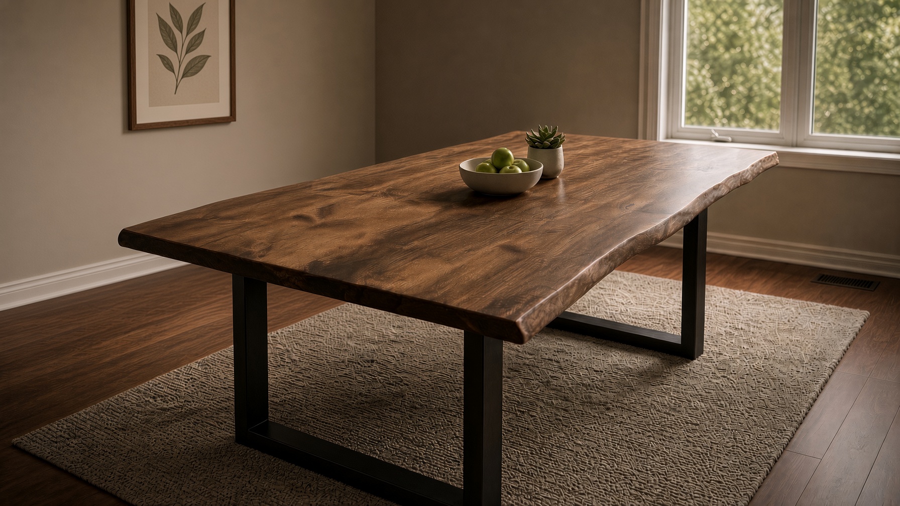 A handmade solid-wood dining table in a family dining room