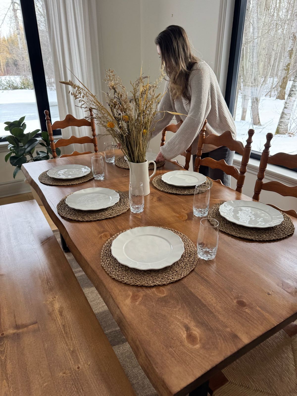 Setting a solid-wood table for dinner